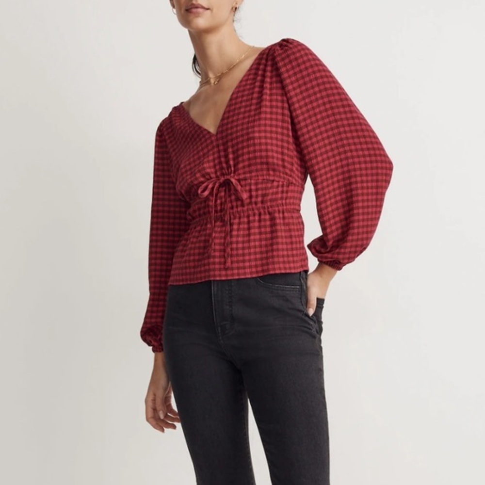 Madewell Red Gingham Plaid Peplum Blouse XS Smocked Tie Front Balloon Sleeve Top